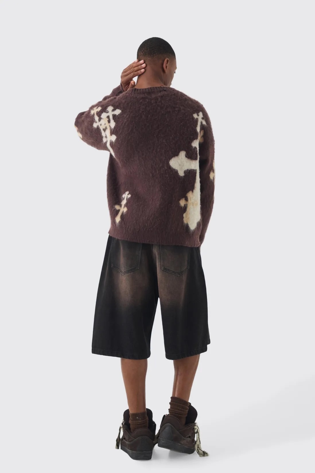 OEM ODM Men’s Cross Pattern Knit Sweater – Brown & Ivory