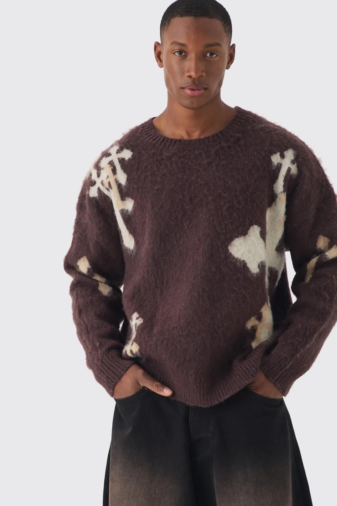 OEM ODM Men’s Cross Pattern Knit Sweater – Brown & Ivory