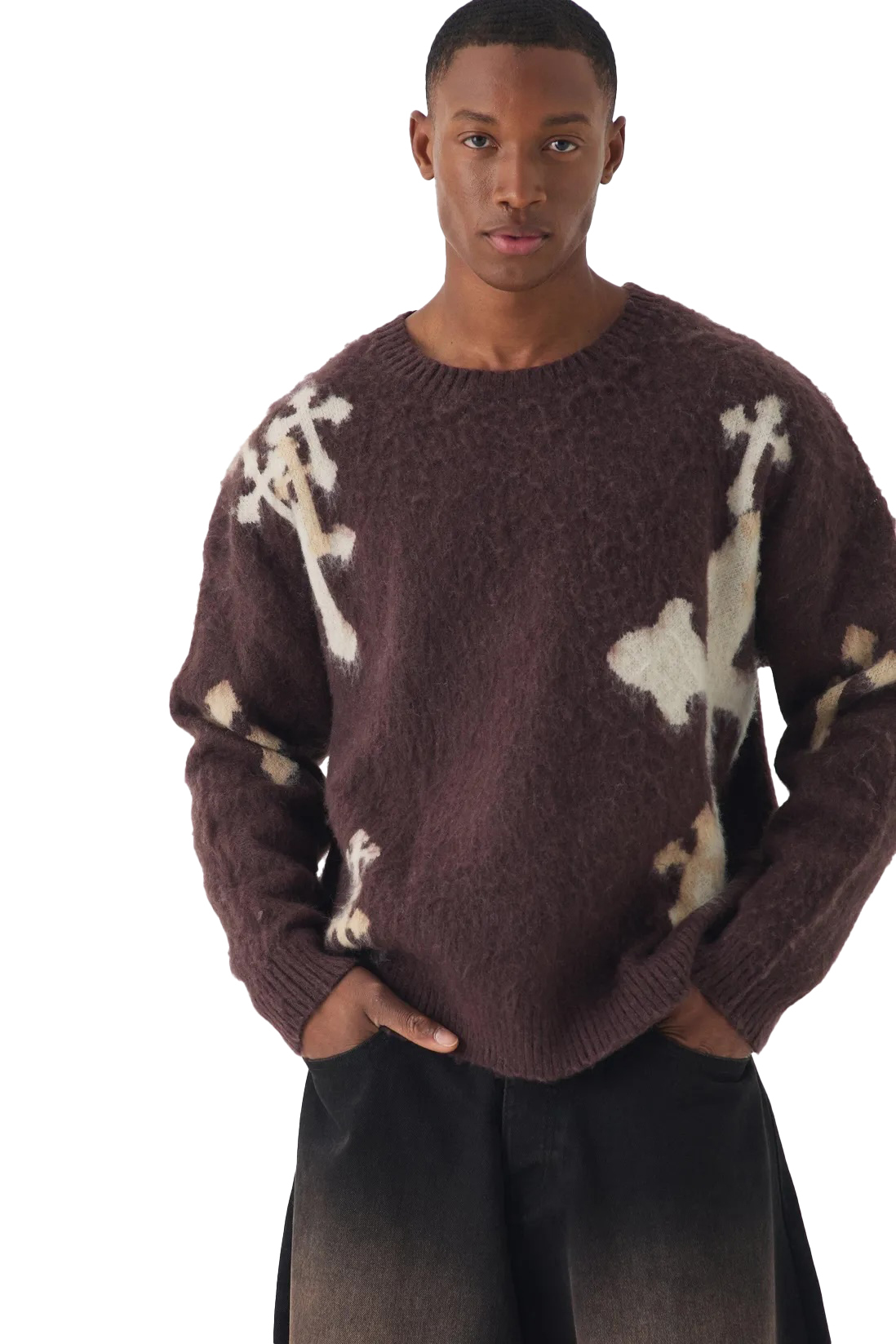 OEM ODM Men’s Cross Pattern Knit Sweater – Brown & Ivory