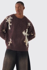 OEM ODM Men’s Cross Pattern Knit Sweater – Brown & Ivory