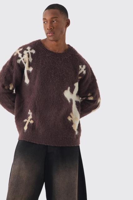 OEM ODM Men’s Cross Pattern Knit Sweater – Brown & Ivory