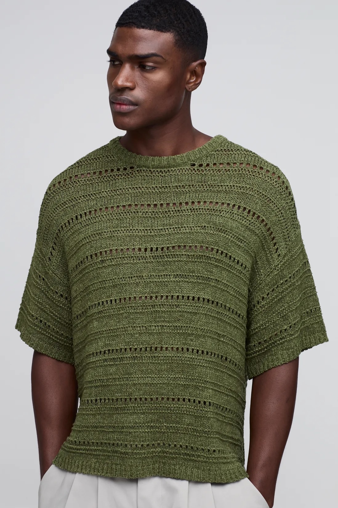 Factory Direct Men’s Open-Knit Short Sleeve Sweater – Olive Green