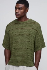 Factory Direct Men’s Open-Knit Short Sleeve Sweater – Olive Green