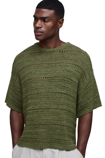 Factory Direct Men’s Open-Knit Short Sleeve Sweater – Olive Green