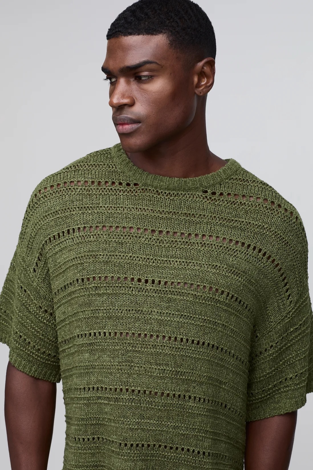 Factory Direct Men’s Open-Knit Short Sleeve Sweater – Olive Green