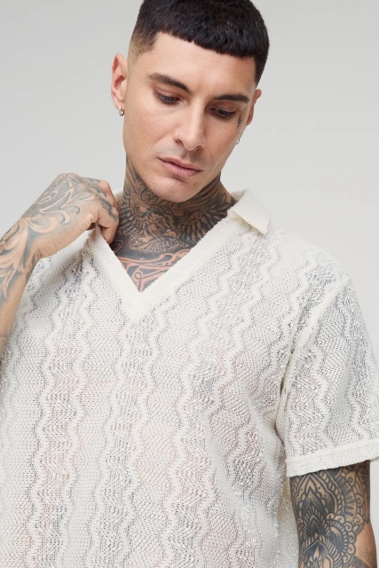 Wholesale Men’s Lace Textured Knit Polo Shirt – Off-White