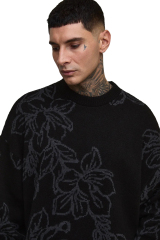 Made-to-order Men’s Floral Jacquard Knit Sweater – Black & Charcoal