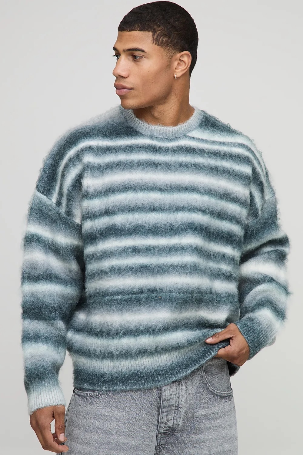 Men’s Fuzzy Striped Sweater – Blue & White Gradient