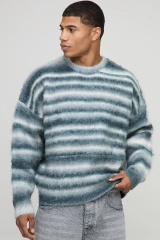 Men’s Fuzzy Striped Sweater – Blue & White Gradient