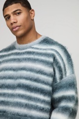 Men’s Fuzzy Striped Sweater – Blue & White Gradient