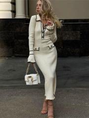 Factory Direct Chic Ribbed Knit Dress with Contrast Trim and Belt
