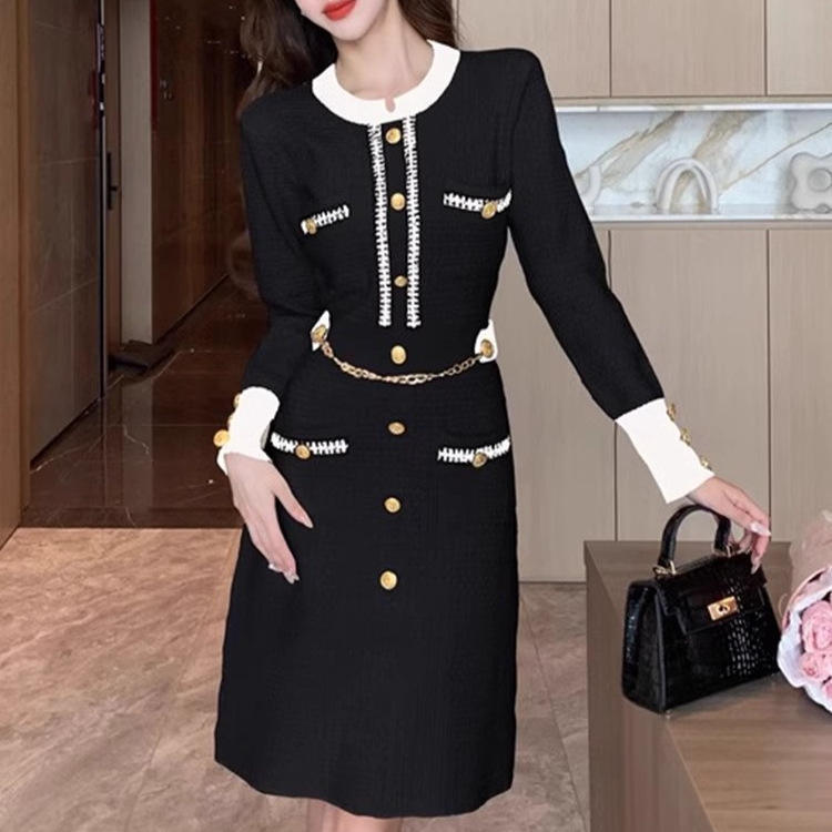 Personalized Chic Tweed Button-Down Dress with Chain Belt