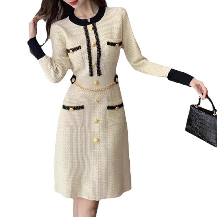 Personalized Chic Tweed Button-Down Dress with Chain Belt