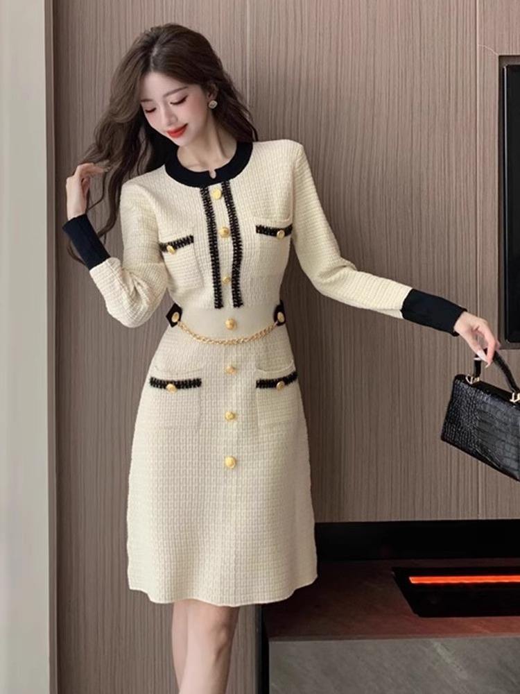Personalized Chic Tweed Button-Down Dress with Chain Belt