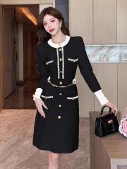 Personalized Chic Tweed Button-Down Dress with Chain Belt