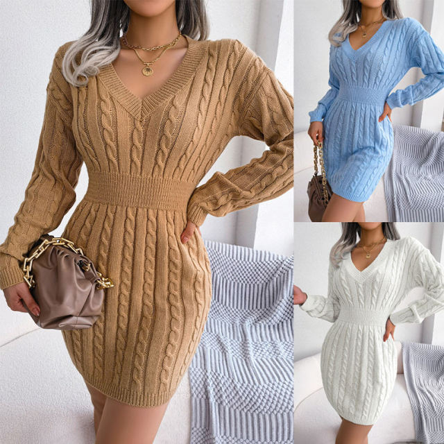 Wholesale Cable Knit V-Neck Sweater Dress with Belted Waist