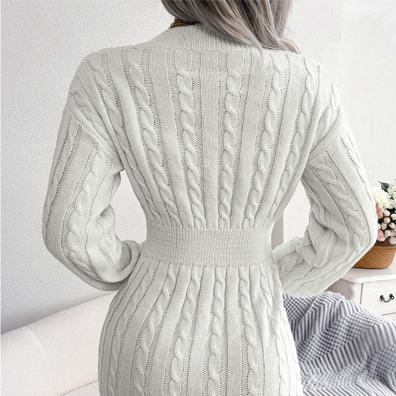 Wholesale Cable Knit V-Neck Sweater Dress with Belted Waist