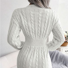 Wholesale Cable Knit V-Neck Sweater Dress with Belted Waist