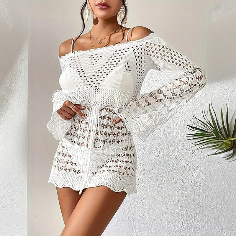 Customized Women’s Off-Shoulder Crochet Lace Beach Dress Cover-Up – Bell Sleeve Boho Knit Mini Dress