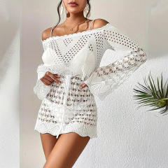 Customized Women’s Off-Shoulder Crochet Lace Beach Dress Cover-Up – Bell Sleeve Boho Knit Mini Dress