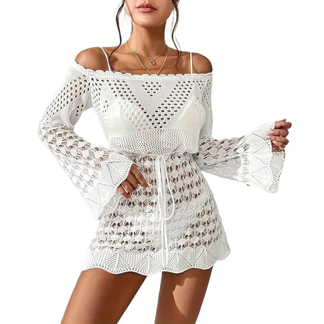 Customized Women’s Off-Shoulder Crochet Lace Beach Dress Cover-Up – Bell Sleeve Boho Knit Mini Dress