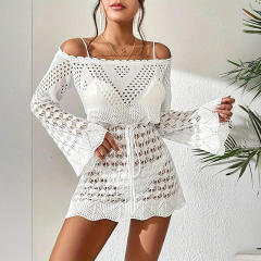 Customized Women’s Off-Shoulder Crochet Lace Beach Dress Cover-Up – Bell Sleeve Boho Knit Mini Dress