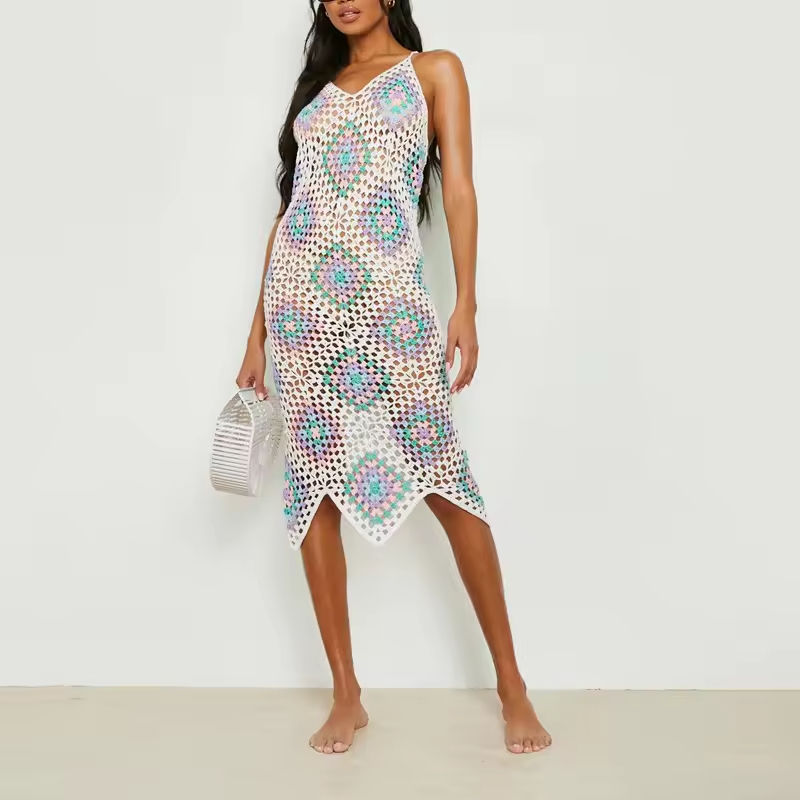 Factory Direct Women’s Colorful Crochet Maxi Dress – Sleeveless Hollow-Out Knit Beach Cover-Up