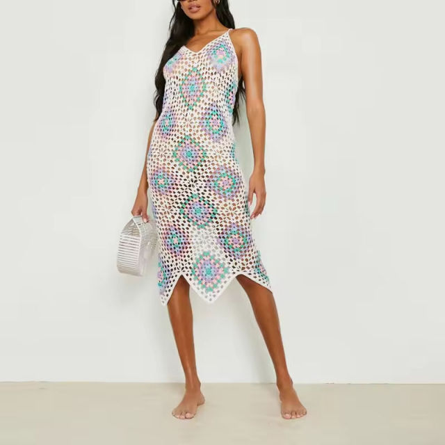 Factory Direct Women’s Colorful Crochet Maxi Dress – Sleeveless Hollow-Out Knit Beach Cover-Up