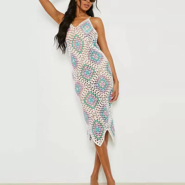Factory Direct Women’s Colorful Crochet Maxi Dress – Sleeveless Hollow-Out Knit Beach Cover-Up