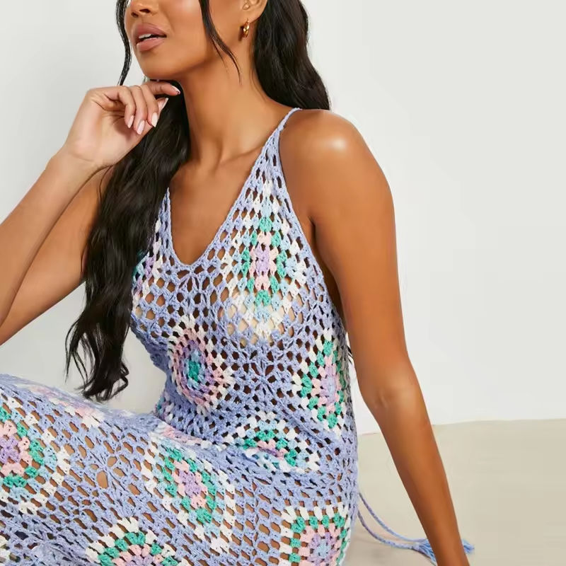 Factory Direct Women’s Colorful Crochet Maxi Dress – Sleeveless Hollow-Out Knit Beach Cover-Up