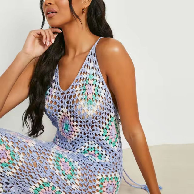 Factory Direct Women’s Colorful Crochet Maxi Dress – Sleeveless Hollow-Out Knit Beach Cover-Up