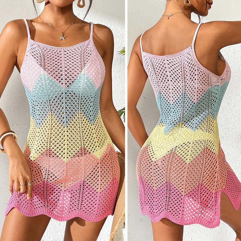 Personalized Women’s Rainbow Crochet Mini Dress – Spaghetti Strap Hollow-Out Knit Beach Cover-Up