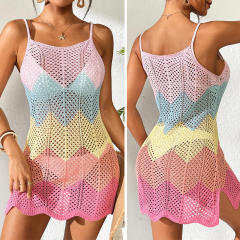Personalized Women’s Rainbow Crochet Mini Dress – Spaghetti Strap Hollow-Out Knit Beach Cover-Up