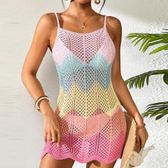 Personalized Women’s Rainbow Crochet Mini Dress – Spaghetti Strap Hollow-Out Knit Beach Cover-Up