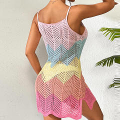 Personalized Women’s Rainbow Crochet Mini Dress – Spaghetti Strap Hollow-Out Knit Beach Cover-Up