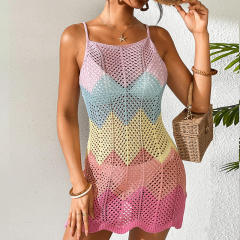Personalized Women’s Rainbow Crochet Mini Dress – Spaghetti Strap Hollow-Out Knit Beach Cover-Up