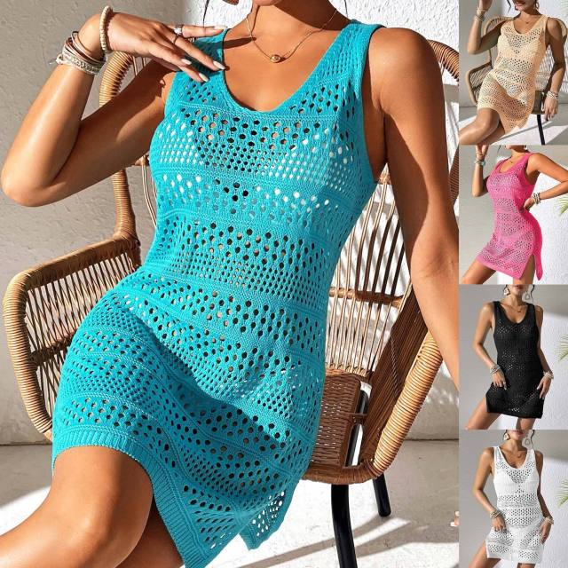 Wholesale Women’s Sleeveless Crochet Knit Mini Dress – Summer Beach Cover-Up in Multiple Colors