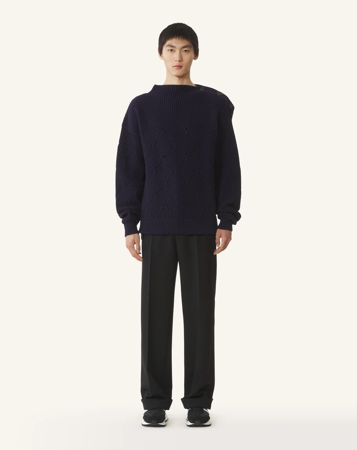 Factory Direct Navy Diamond-Knit Button Shoulder Sweater – Elegant Textured Pullover