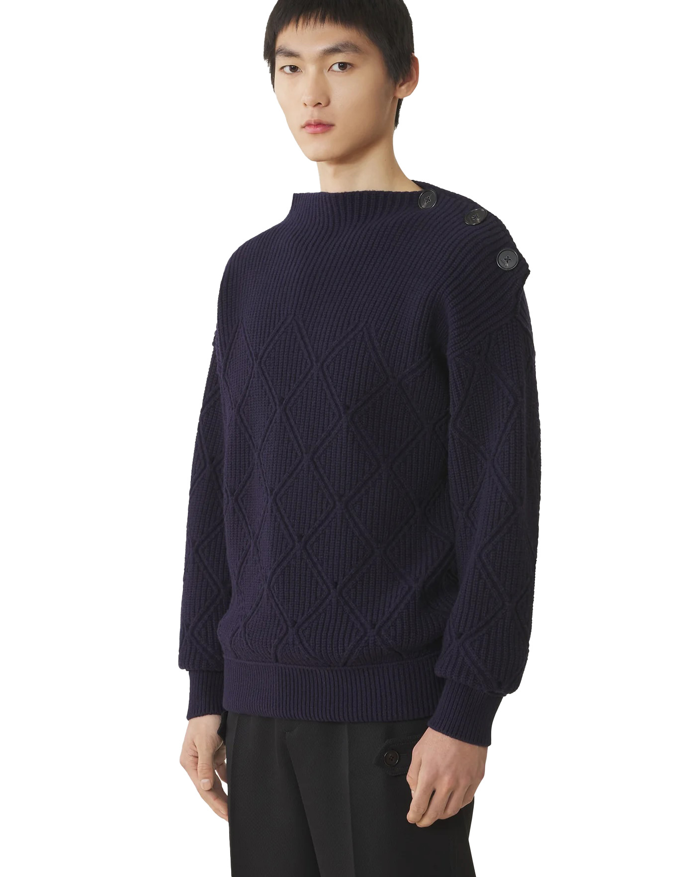 Factory Direct Navy Diamond-Knit Button Shoulder Sweater – Elegant Textured Pullover
