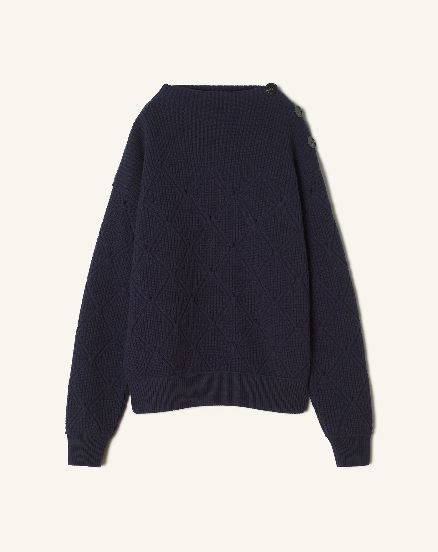 Factory Direct Navy Diamond-Knit Button Shoulder Sweater – Elegant Textured Pullover