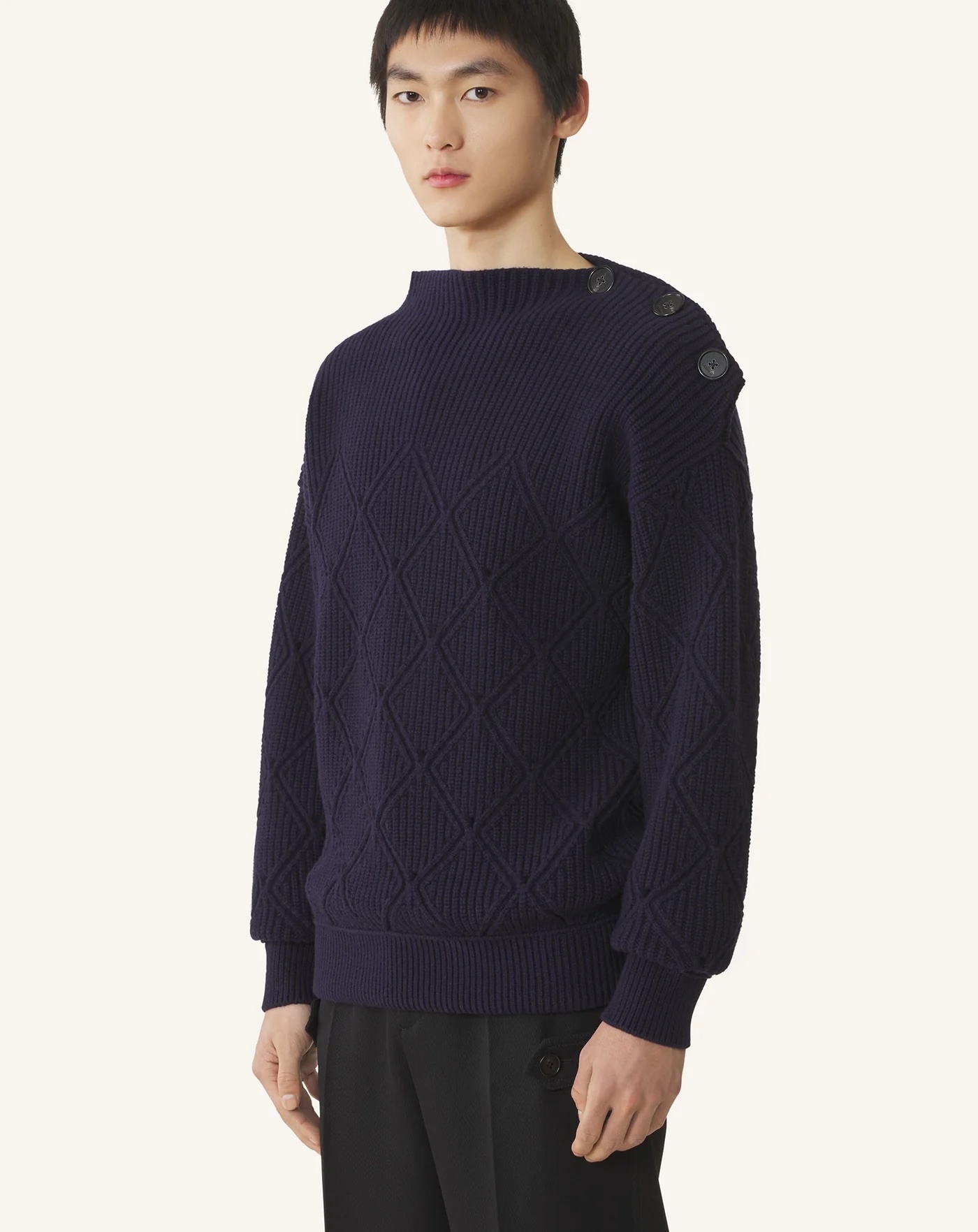 Factory Direct Navy Diamond-Knit Button Shoulder Sweater – Elegant Textured Pullover