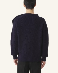 Factory Direct Navy Diamond-Knit Button Shoulder Sweater – Elegant Textured Pullover