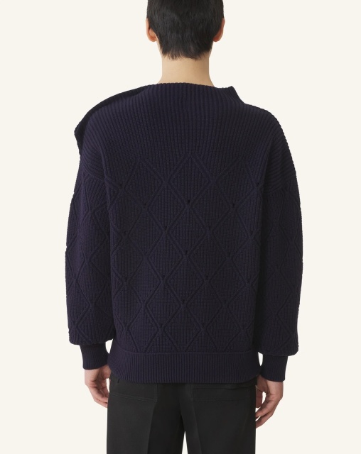 Factory Direct Navy Diamond-Knit Button Shoulder Sweater – Elegant Textured Pullover
