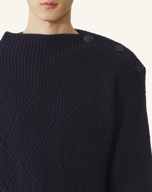 Factory Direct Navy Diamond-Knit Button Shoulder Sweater – Elegant Textured Pullover