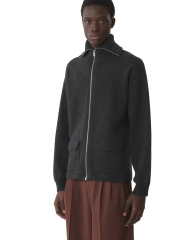 OEM ODM Black Wool Zip-Up Cardigan – Minimalist High-Collar Knit Jacket