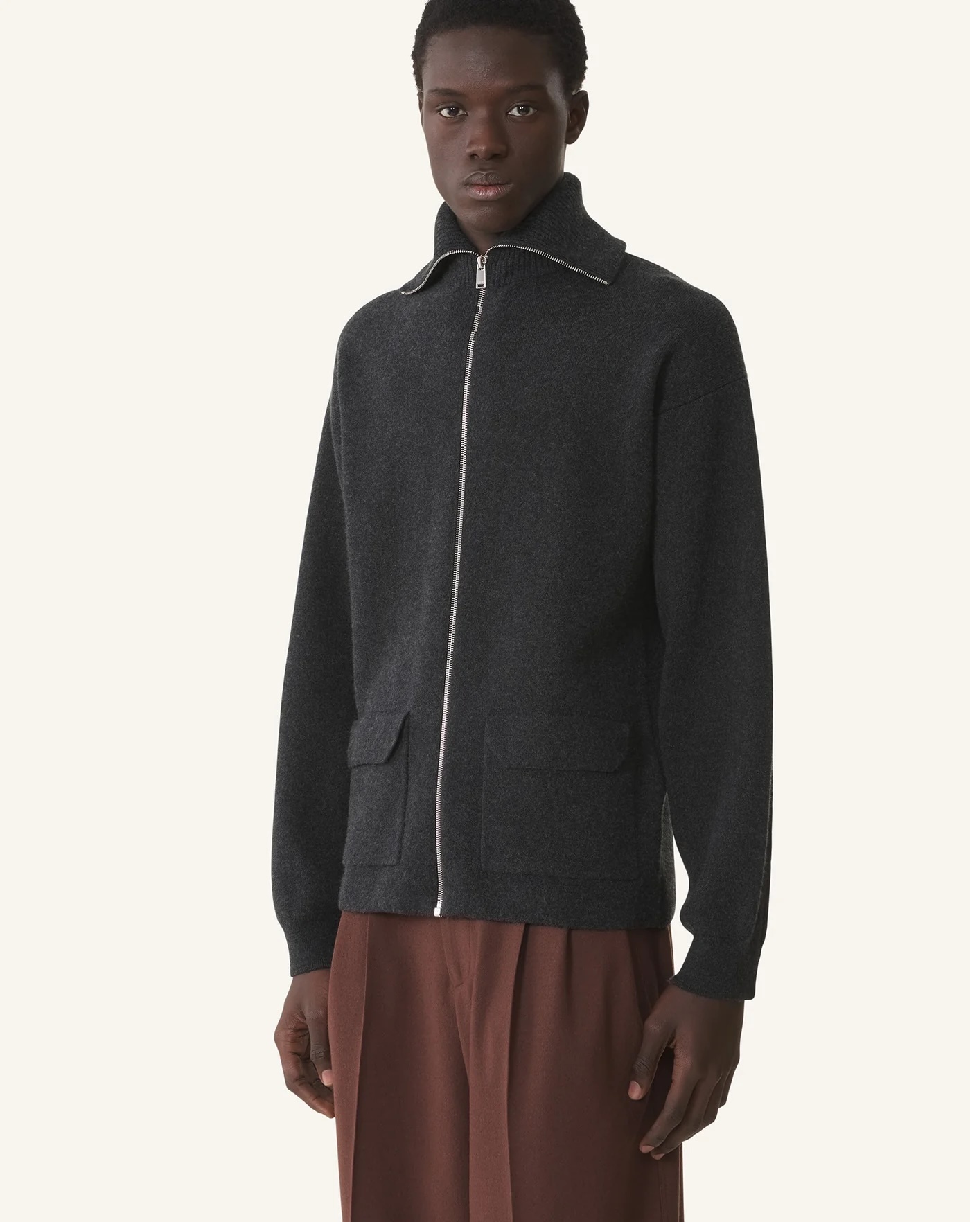OEM ODM Black Wool Zip-Up Cardigan – Minimalist High-Collar Knit Jacket