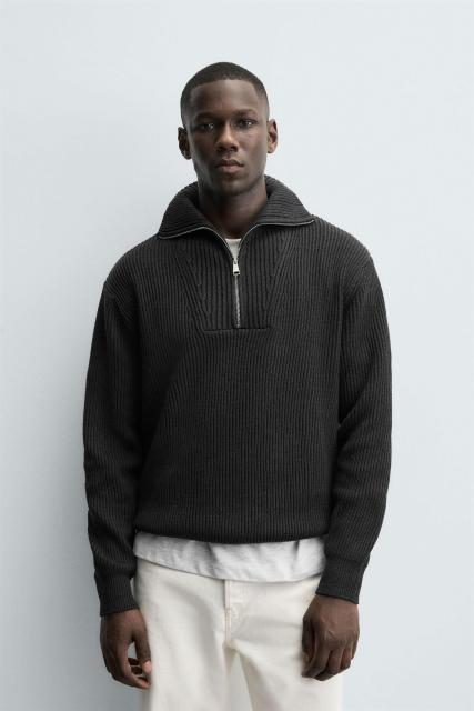 OEM ODM Men’s Ribbed Half-Zip Sweater – Classic Black Knit Pullover