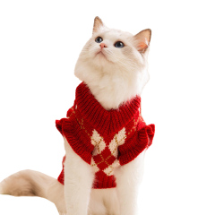 OEM ODM Red Argyle Pet Sweater with Cherry Embroidery
