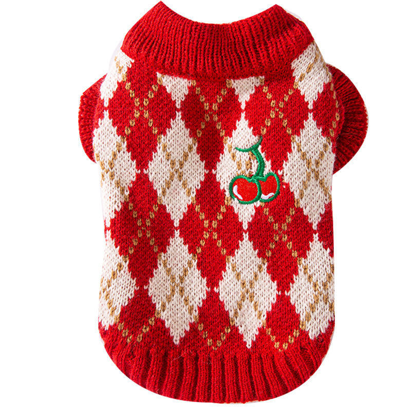OEM ODM Red Argyle Pet Sweater with Cherry Embroidery