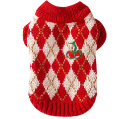 OEM ODM Red Argyle Pet Sweater with Cherry Embroidery